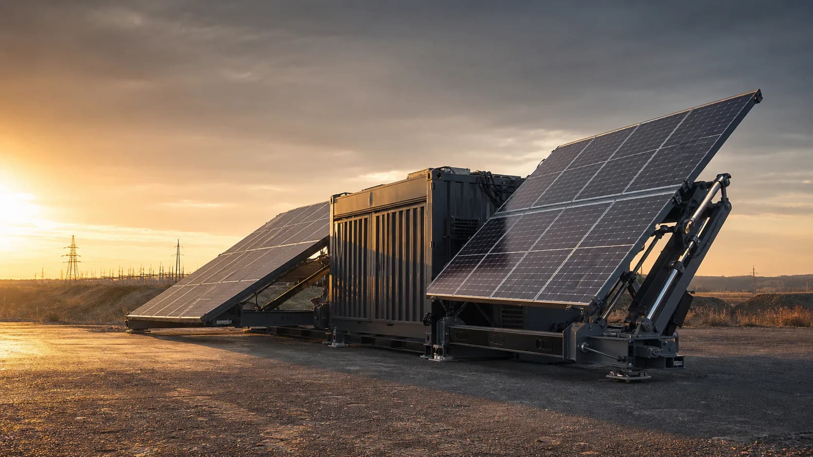Indicative containerised deployable-energy unit with unfolded tracking solar arrays and visible support mechanisms.