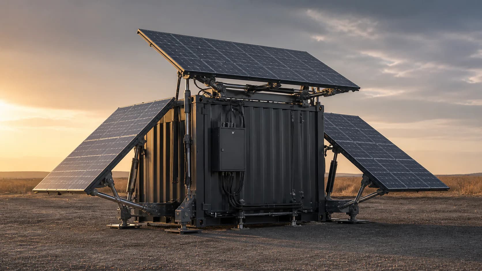 Indicative compact containerised energy unit with roof and side-mounted tracking solar arrays in a moderate deployed footprint.