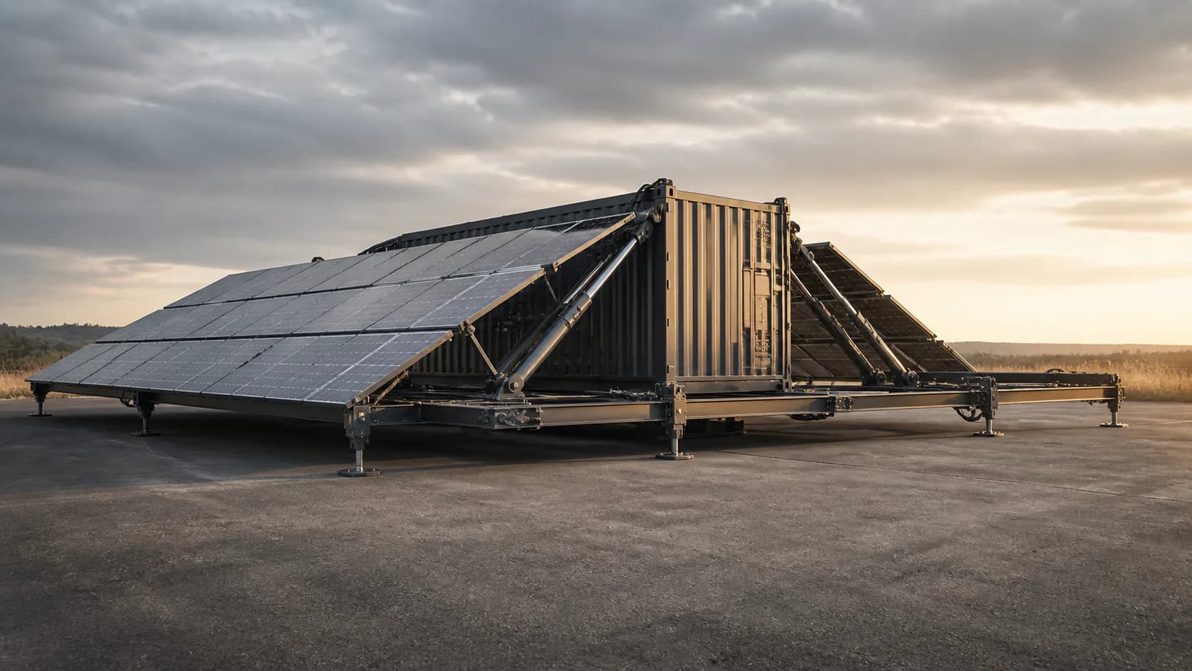 Indicative high-capacity containerised energy unit with an extended field of unfolded tracking solar arrays and heavy-duty supports.
