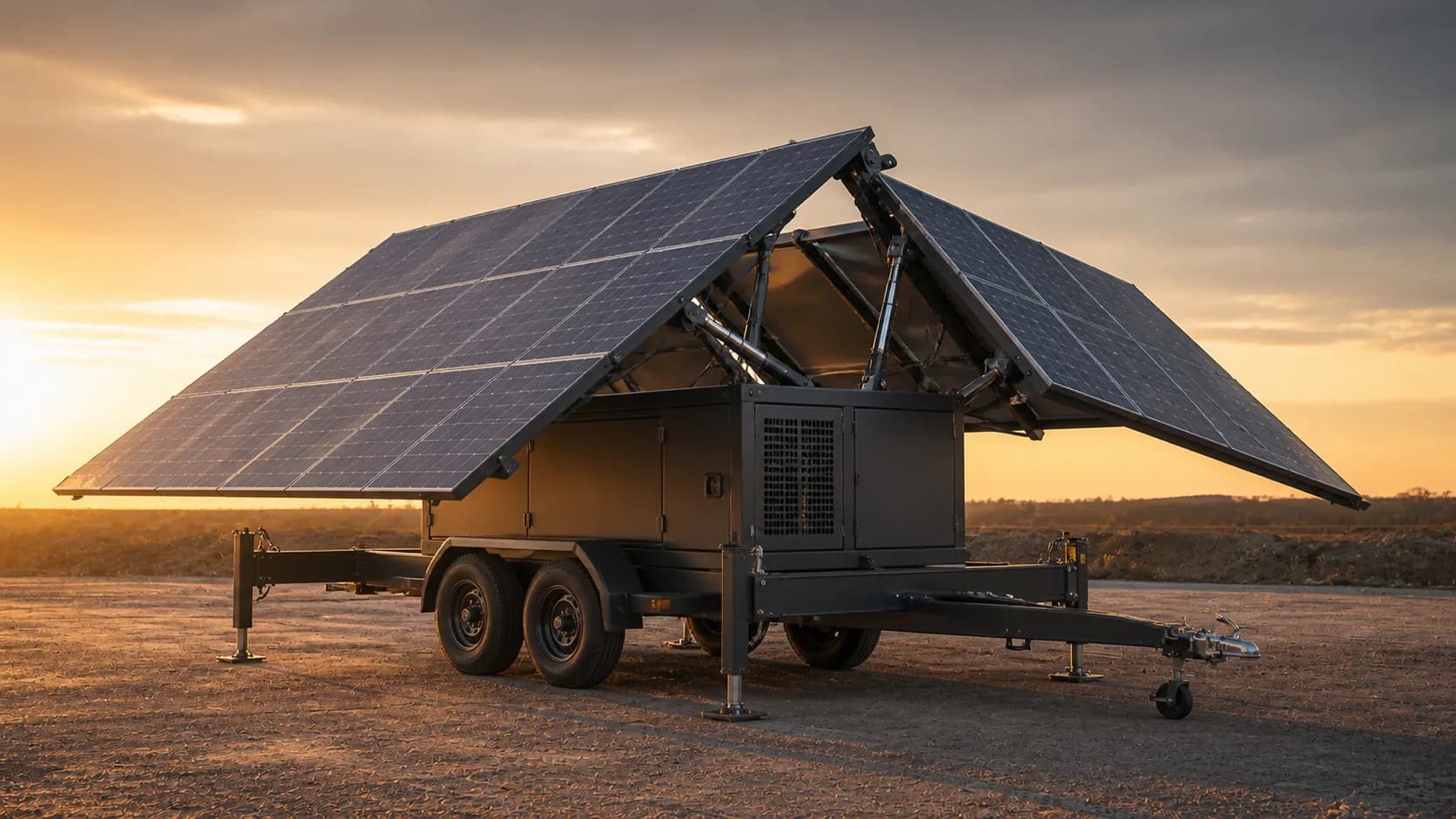 Indicative mobile deployable-energy trailer with unfolded tracking solar arrays, stabilisers and an integrated equipment enclosure.