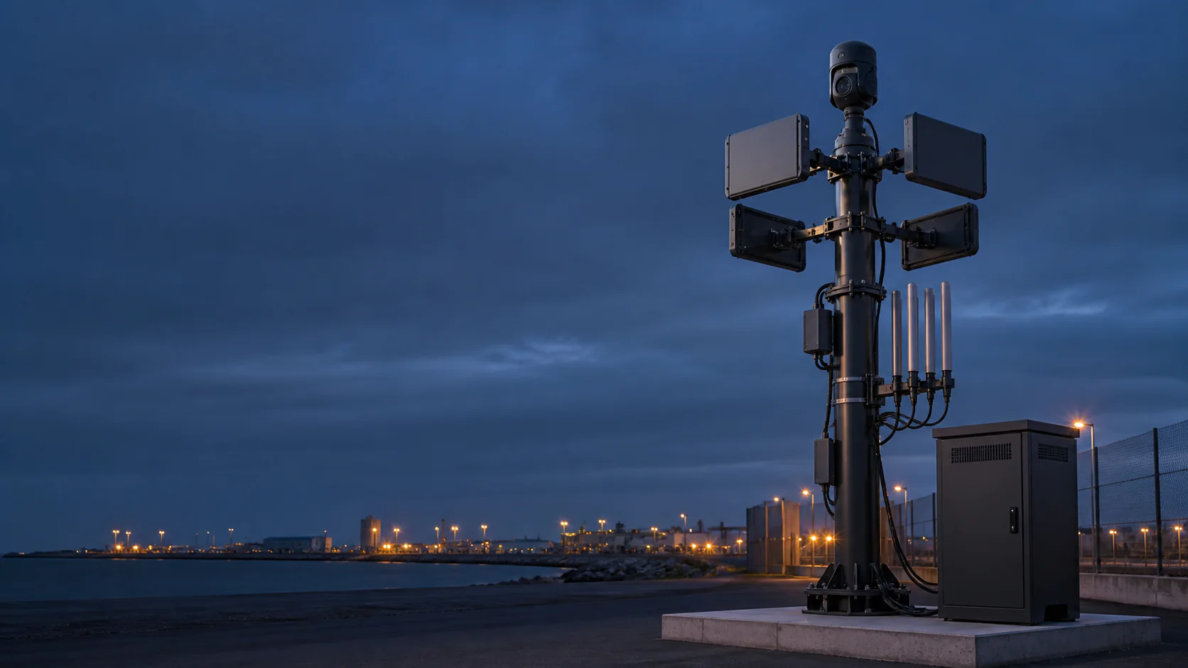 Indicative Counter-UAS sensor installation with four-sector radar, passive RF and EO/IR at a coastal infrastructure perimeter.